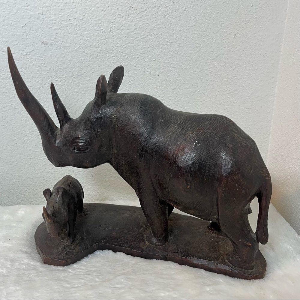 Vintage Hand Carved African Wood Rhino Sculpture Mother & Baby Safari Statue